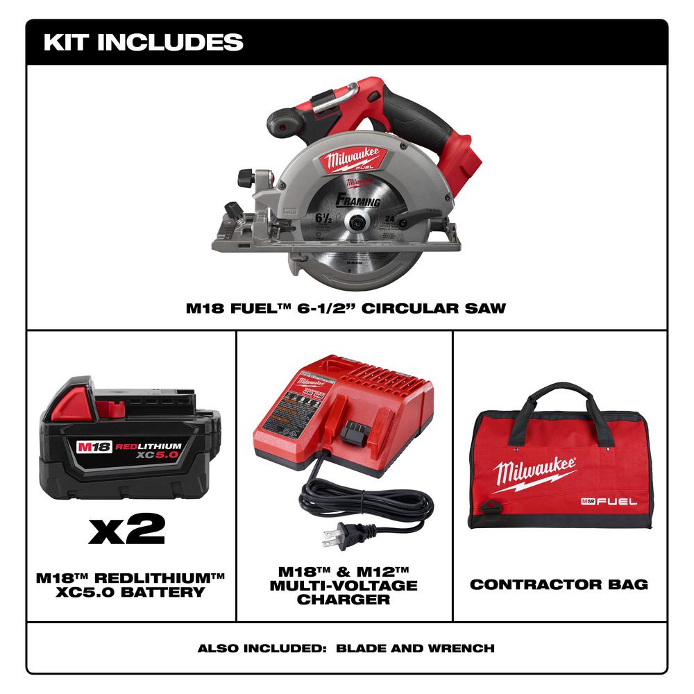 M18 FUEL 18-Volt Lithium-Ion Brushless Cordless 6-1/2 in. Circular Saw Kit w/ (2) 5.0Ah Batteries, Charger, Tool Bag - Super Arbor