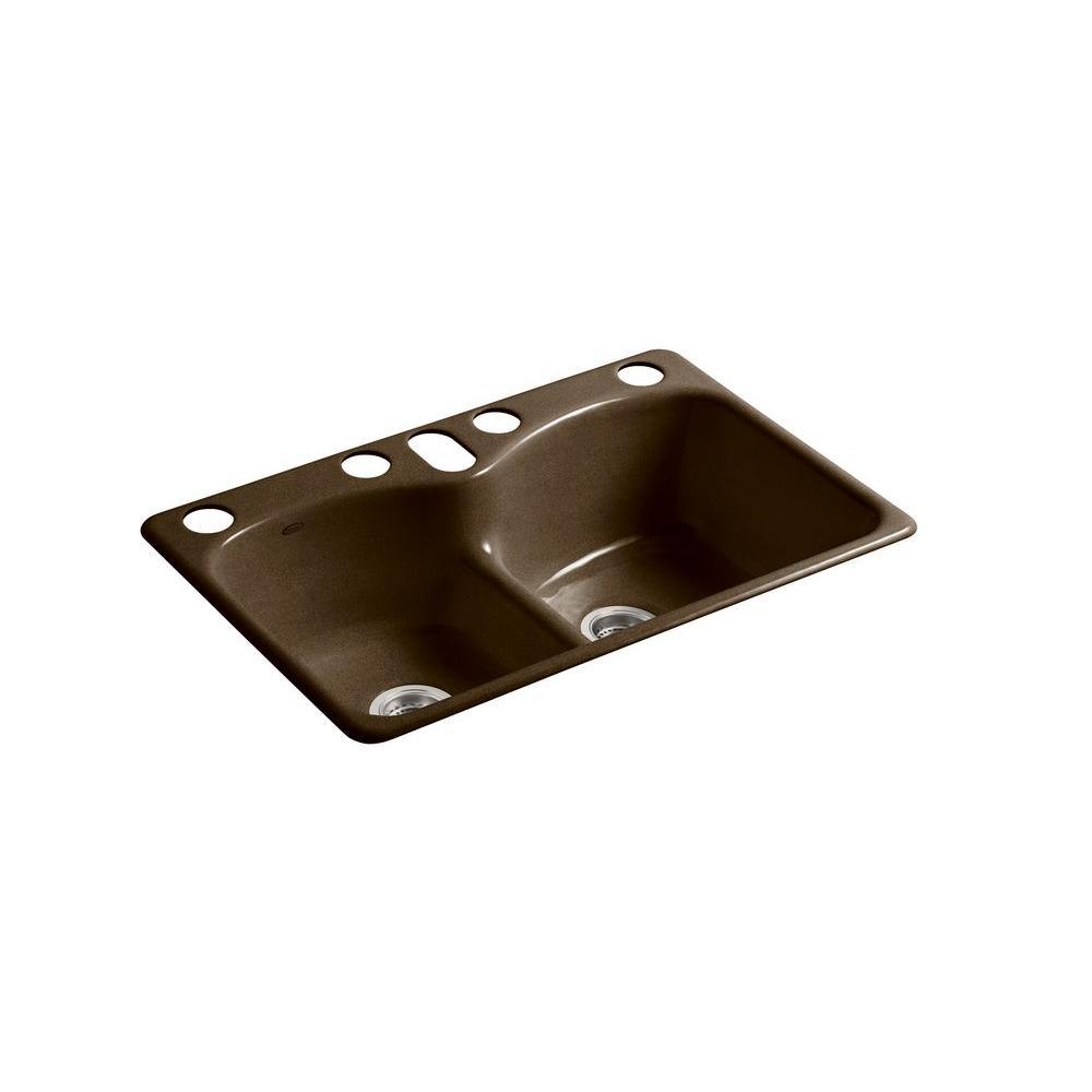 Langlade Smart Divide Undermount Cast Iron 33 in. 6-Hole Double Bowl Kitchen Sink in White - Super Arbor