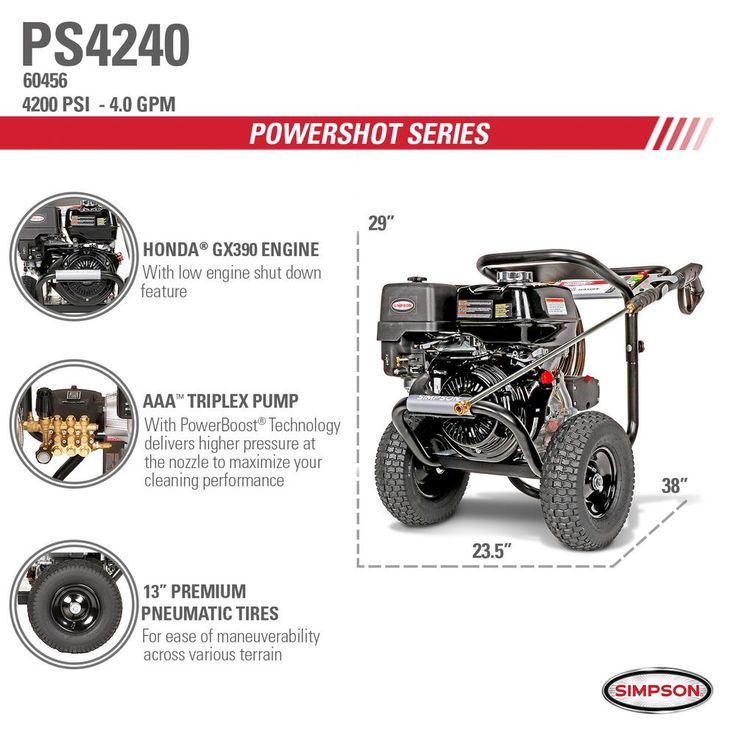 Simpson SIMPSON PowerShot PS4240 4200 PSI at 4.0 GPM HONDA GX390 Cold Water Pressure Washer