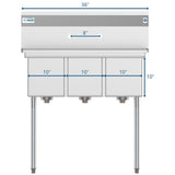 Freestanding Stainless Steel 36 in. 2-Hole Triple Bowl Commercial Kitchen Sink
