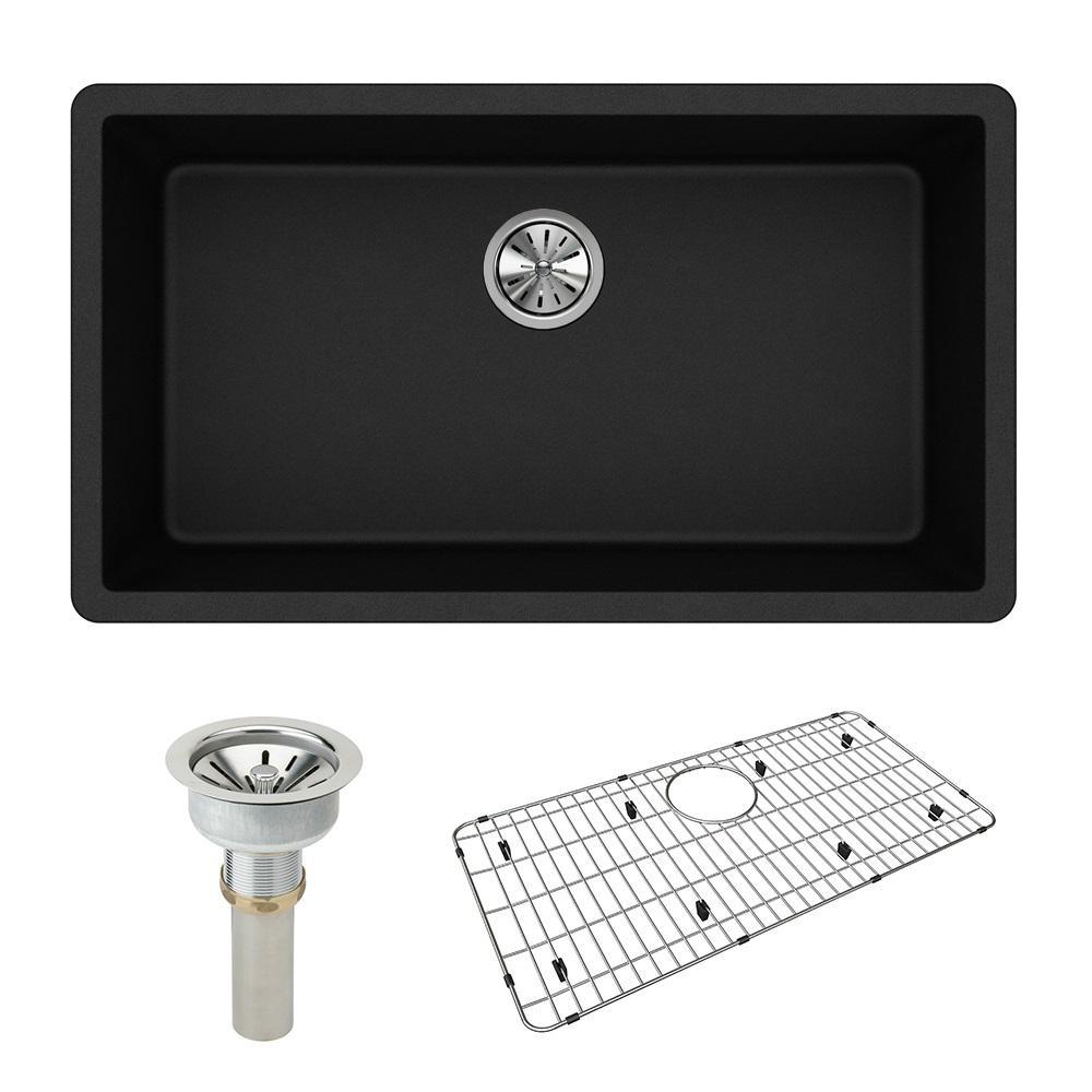 Quartz Classic Undermount Composite 33 in. Single Bowl Kitchen Sink in Black - Super Arbor
