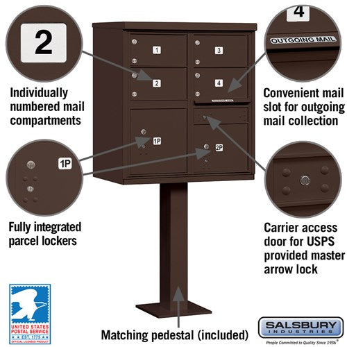 Cluster Box Unit with 4 Doors and 2 Parcel Lockers in Bronze with USPS Access