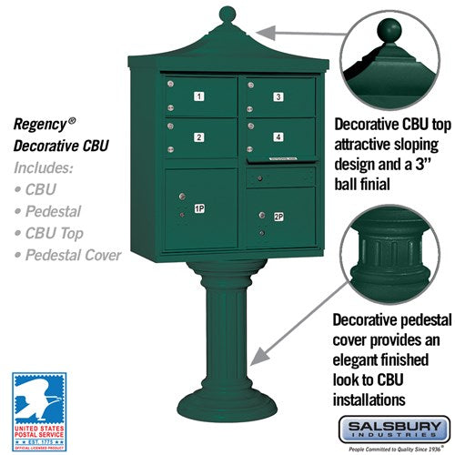 Regency Decorative Cluster Box Unit with 4 Doors and 2 Parcel Lockers in Green with USPS Access
