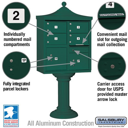 Regency Decorative Cluster Box Unit with 4 Doors and 2 Parcel Lockers in Green with USPS Access