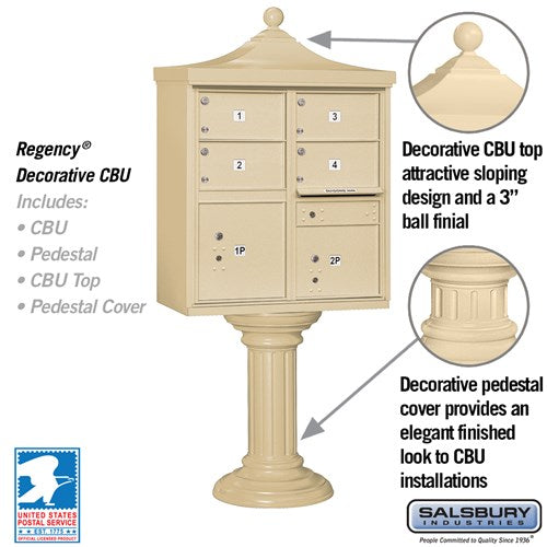 Regency Decorative Cluster Box Unit with 4 Doors and 2 Parcel Lockers in Sandstone with USPS Access