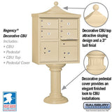 Regency Decorative Cluster Box Unit with 4 Doors and 2 Parcel Lockers in Sandstone with USPS Access