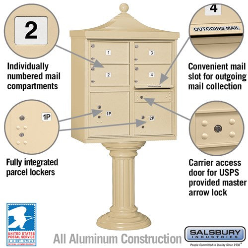 Regency Decorative Cluster Box Unit with 4 Doors and 2 Parcel Lockers in Sandstone with USPS Access