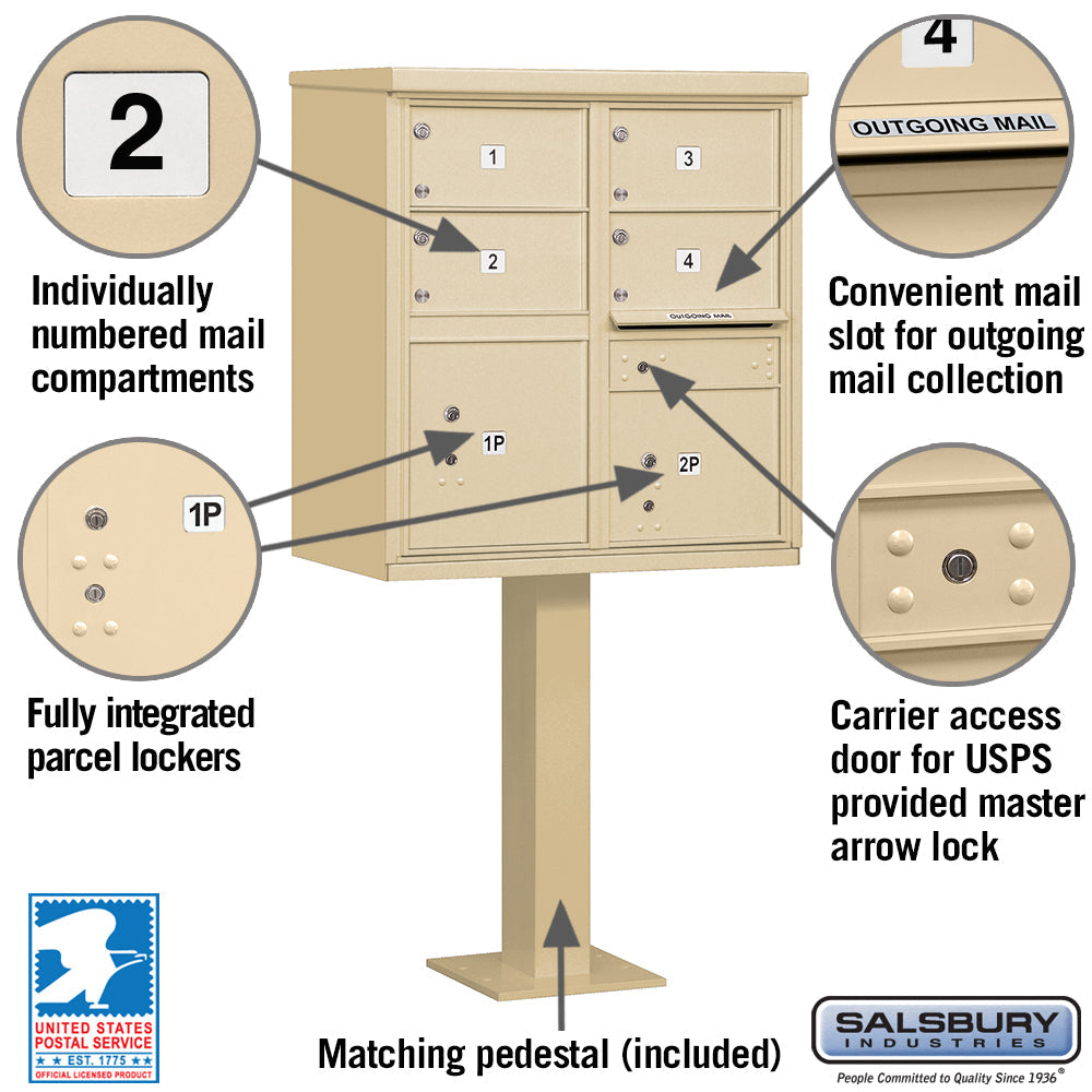 Cluster Box Unit with 4 Doors and 2 Parcel Lockers in Sandstone with USPS Access