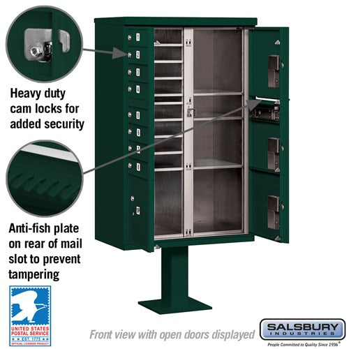 Cluster Box Unit with 8 Doors and 4 Parcel Lockers in Green with USPS Access