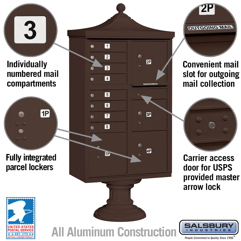 Regency Decorative Cluster Box Unit with 8 Doors and 2 Parcel Lockers in Bronze with USPS Access