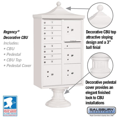 Regency Decorative Cluster Box Unit with 8 Doors and 4 Parcel Lockers in White with USPS Access