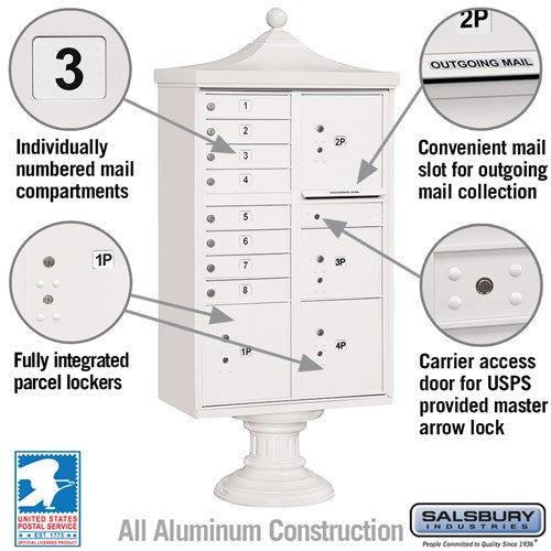 Regency Decorative Cluster Box Unit with 8 Doors and 4 Parcel Lockers in White with USPS Access