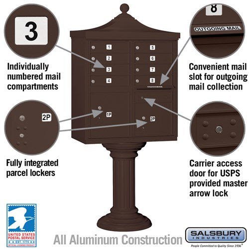 Regency Decorative Cluster Box Unit with 8 Doors and 2 Parcel Lockers in Bronze with USPS Access