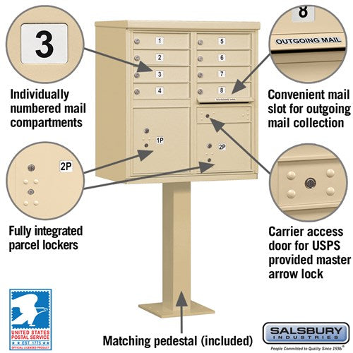 Cluster Box Unit with 8 Doors and 2 Parcel Lockers in Sandstone with USPS Access
