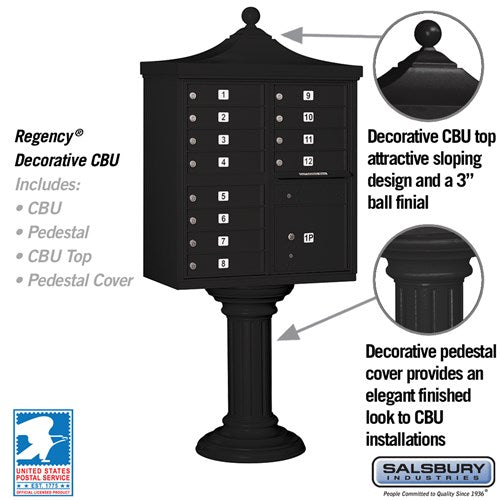 Salsbury Industries Regency Decorative 12-Compartment Post-Mount Cluster Box Unit, Black