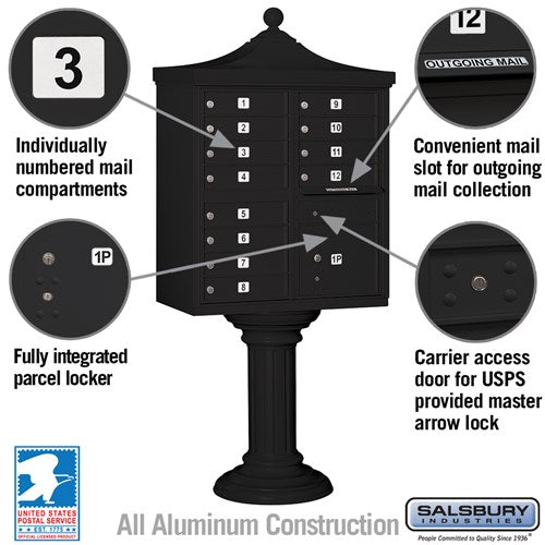 Salsbury Industries Regency Decorative 12-Compartment Post-Mount Cluster Box Unit, Black