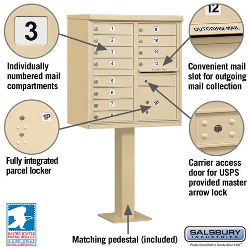 12-Door Cluster Box Unit with Parcel Locker in Sandstone