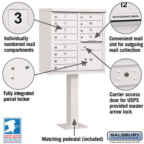 12-Door Cluster Box Unit with Parcel Locker in White with USPS Access