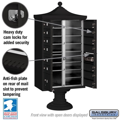 Regency Decorative Cluster Box Unit with 13 Doors and Parcel Locker in Black with USPS Access