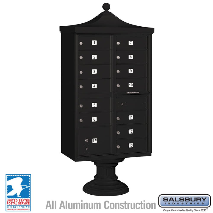 Regency Decorative Cluster Box Unit with 13 Doors and Parcel Locker in Black with USPS Access