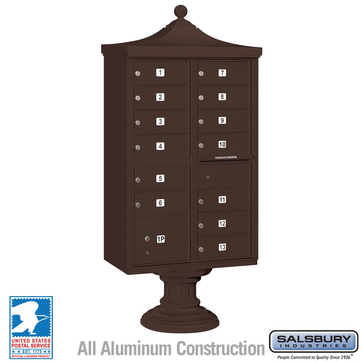 Regency Decorative Cluster Box Unit with 13 Doors and Parcel Locker in Bronze with USPS Access
