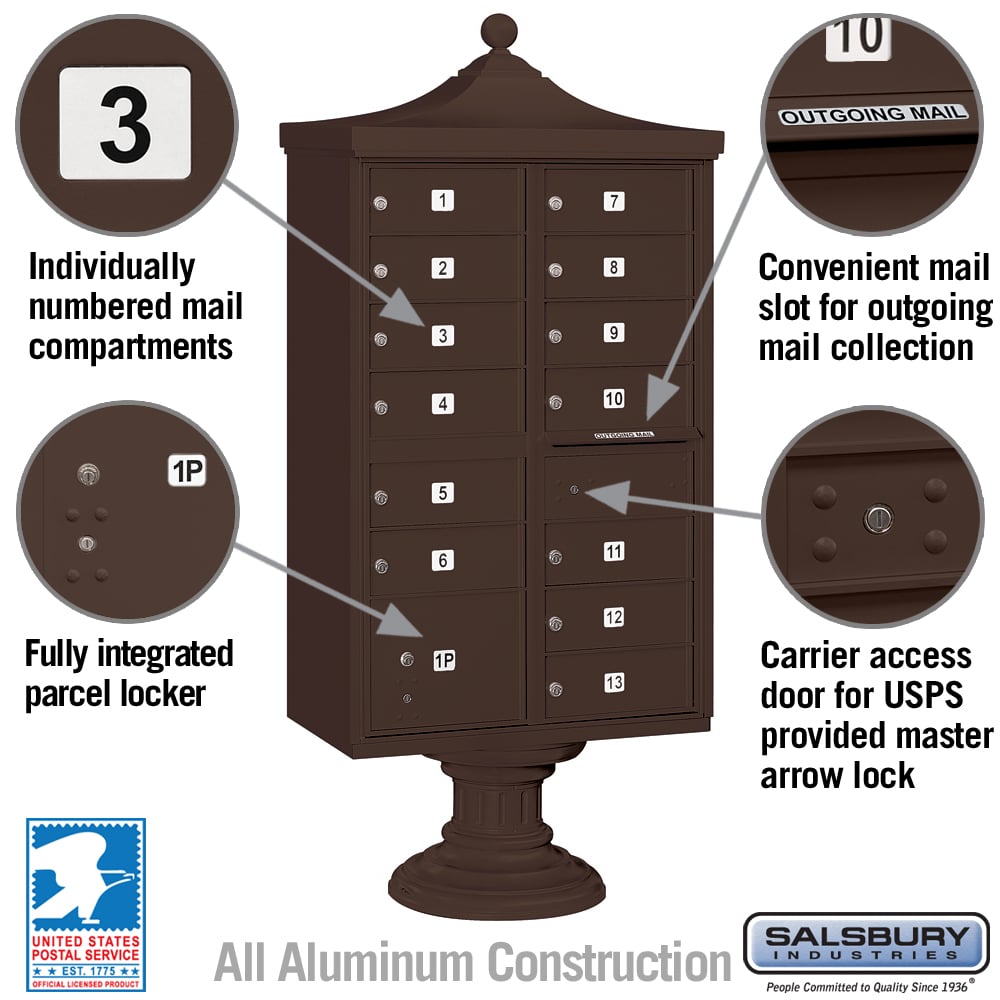 Salsbury Regency Decorative Cluster Box Unit, 13 Doors + 1 Parcel Locker, Bronze, USPS Access