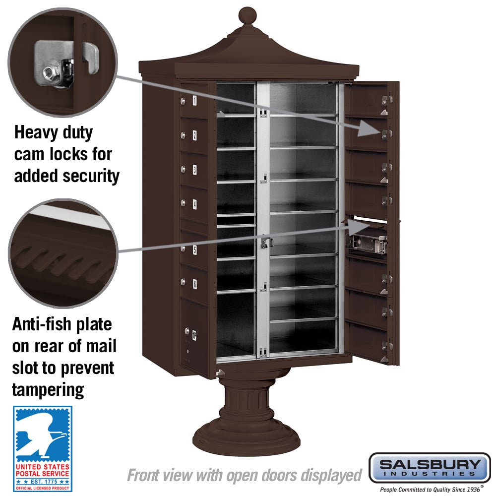 Salsbury Regency Decorative Cluster Box Unit, 13 Doors + 1 Parcel Locker, Bronze, USPS Access