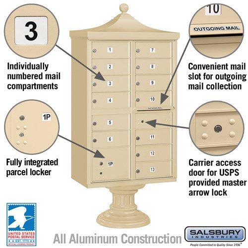 Regency Decorative Cluster Box Unit with 13 Doors and Parcel Locker in Sandstone