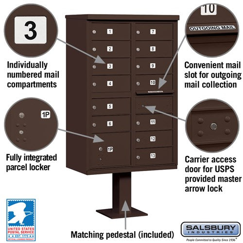 Cluster Box Unit with 13 Doors and Parcel Locker in Bronze with USPS Access