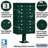 Cluster Box Unit with 13 Doors and Parcel Locker in Green with USPS Access