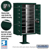 Cluster Box Unit with 13 Doors and Parcel Locker in Green with USPS Access