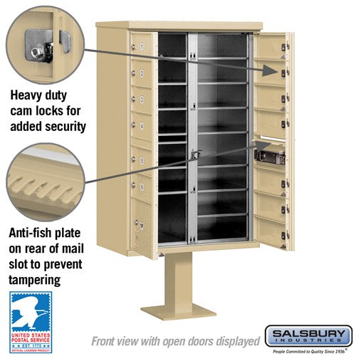 Cluster Box Unit with 13 Doors and Parcel Locker in Sandstone with USPS Access