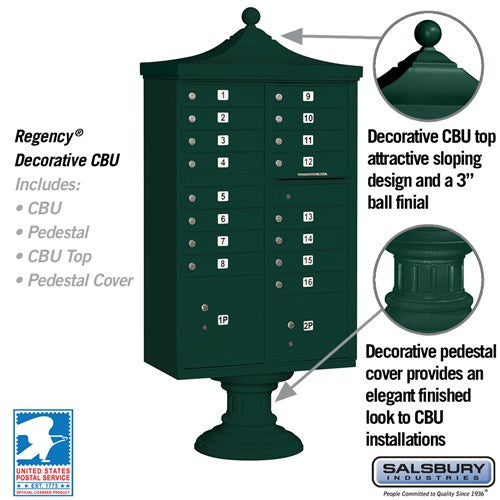 Regency Decorative Cluster Box Unit with 16 Doors and 2 Parcel Lockers in Green with USPS Access
