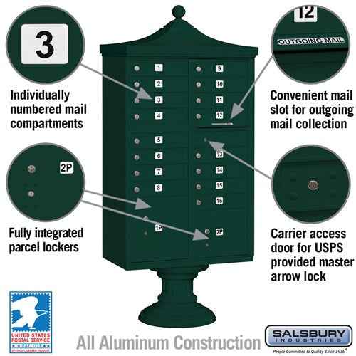Regency Decorative Cluster Box Unit with 16 Doors and 2 Parcel Lockers in Green with USPS Access