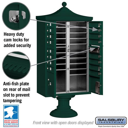 Regency Decorative Cluster Box Unit with 16 Doors and 2 Parcel Lockers in Green with USPS Access
