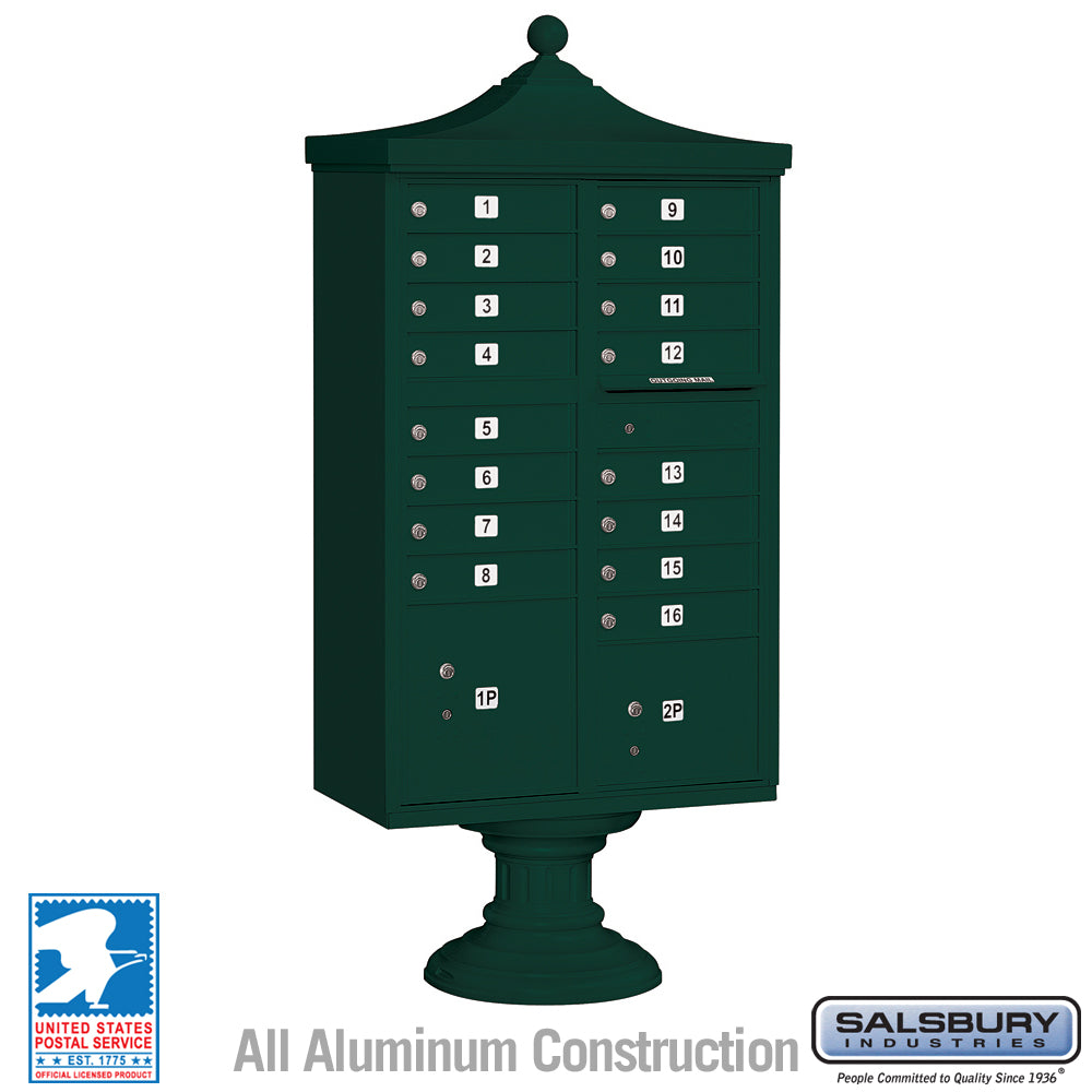 Regency Decorative Cluster Box Unit with 16 Doors and 2 Parcel Lockers in Green with USPS Access