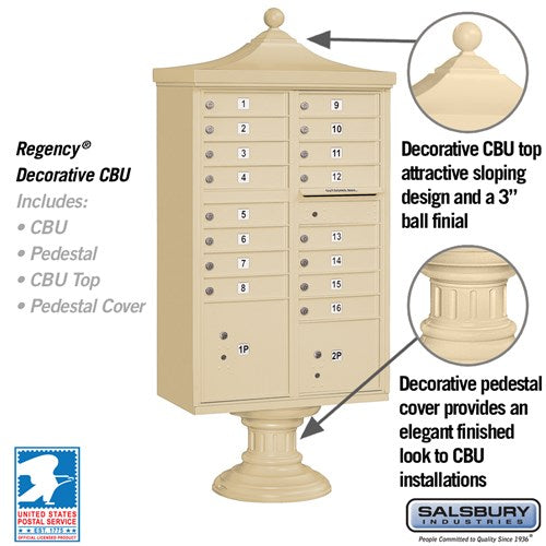 Regency Decorative Cluster Box Unit with 4 Doors and 2 Parcel Lockers in Sandstone with USPS Access