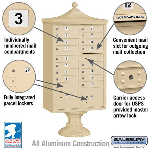 Regency Decorative Cluster Box Unit with 4 Doors and 2 Parcel Lockers in Sandstone with USPS Access