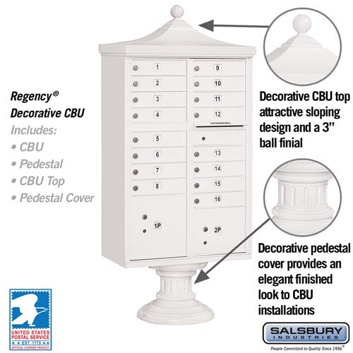 Regency Decorative Cluster Box Unit with 16 Doors and 2 Parcel Lockers in White with USPS Access