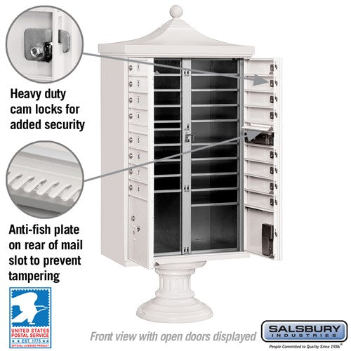 Regency Decorative Cluster Box Unit with 16 Doors and 2 Parcel Lockers in White with USPS Access