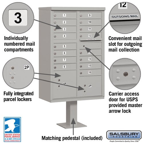 Cluster Box Unit with 16 Doors and 2 Parcel Lockers in Gray with USPS Access