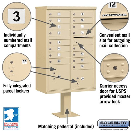 Cluster Box Unit with 16 Doors and 2 Parcel Lockers in Sandstone with USPS Access
