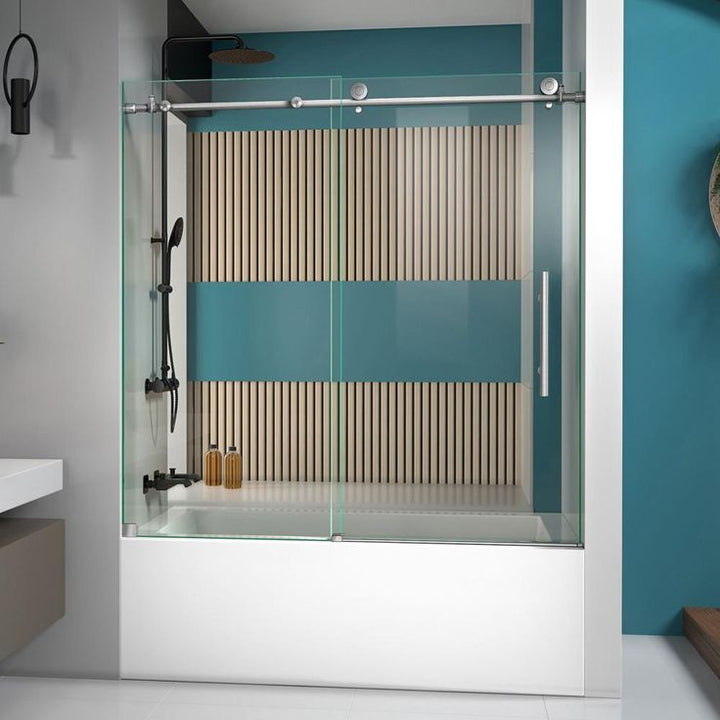 DreamLine Enigma-X 55 to 59 in. W x 62 in. H Frameless Sliding Tub Door, Brushed Stainless Steel