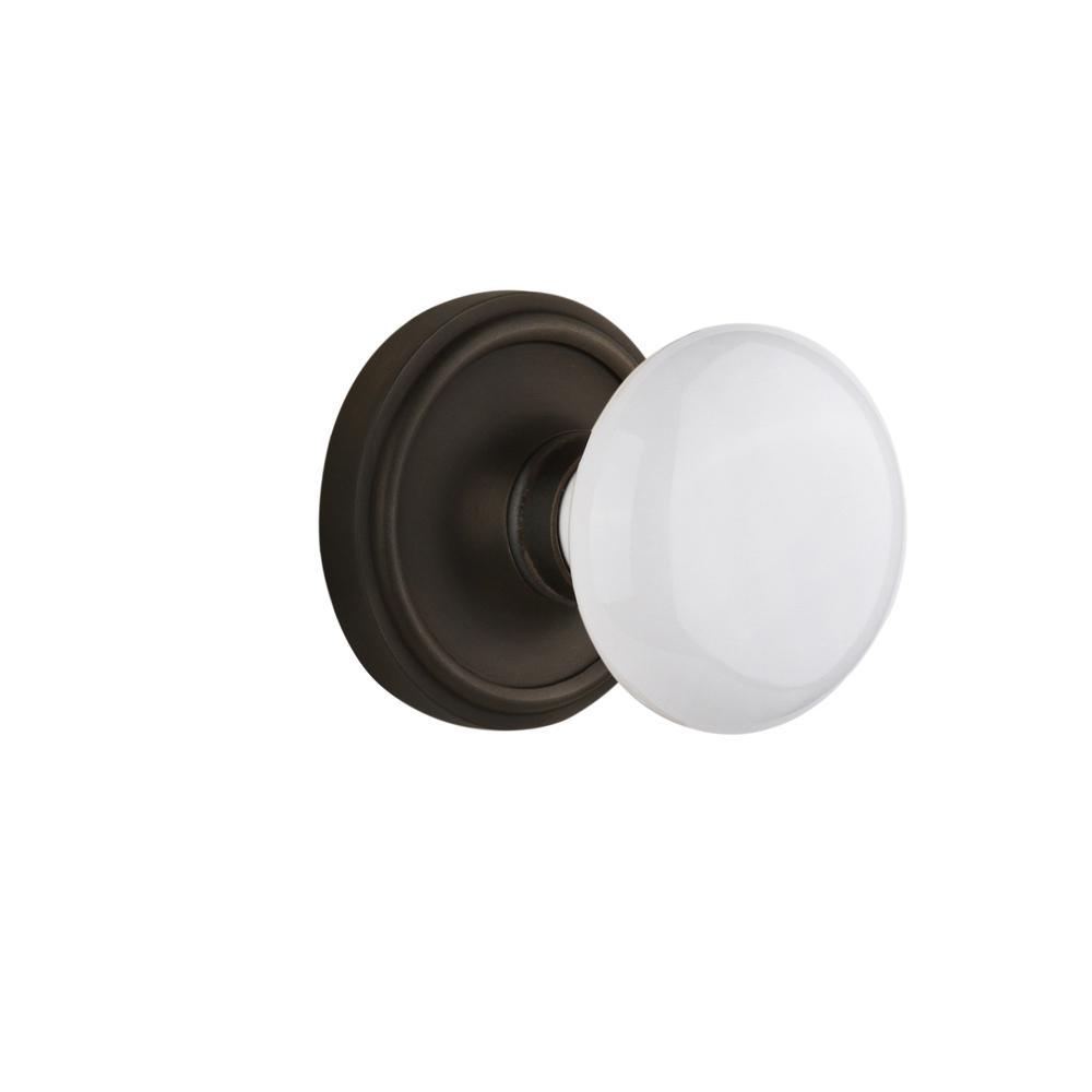 Classic Rosette 2-3/8 in. Backset Timeless Bronze Passage Hall/Closet White Porcelain Door Knob - Super Arbor