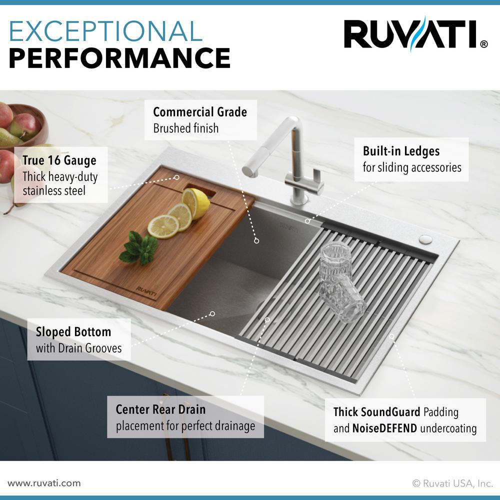 Drop-In Stainless Steel 33 in. Workstation Ledge Topmount Kitchen Sink 16-Gauge Single Bowl - Super Arbor