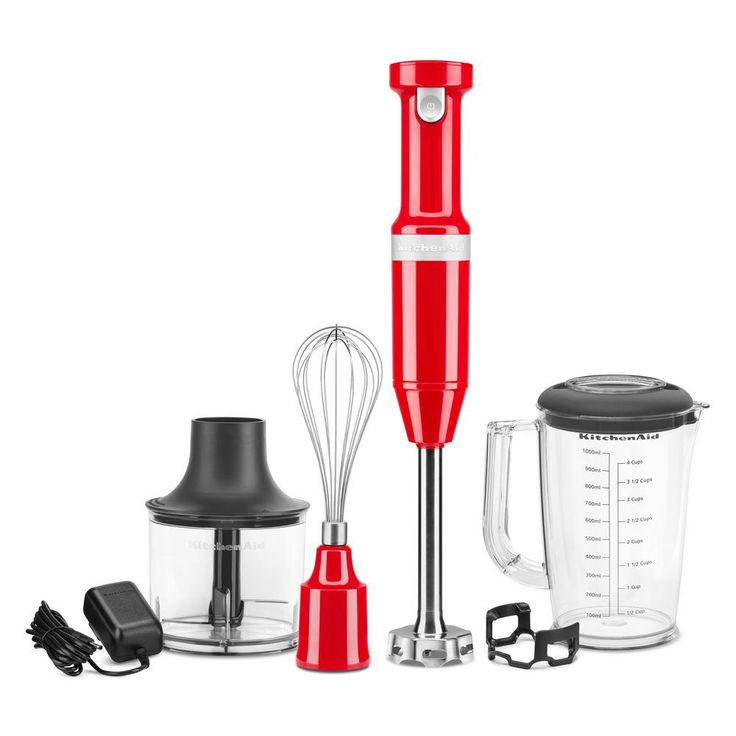 Cordless Variable Speed Passion Red Hand Blender with Chopper and Whisk attachment