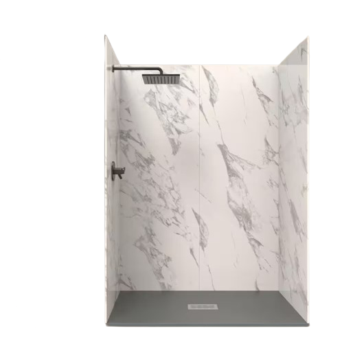 CASTICO 60 in. L x 32 in. W x 84 in. H Solid Composite Stone Shower Kit with Carrara Walls & Cntr Graphite Slate Shower Pan Base