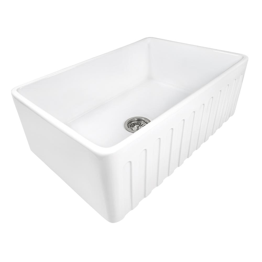 Farmhouse Apron-Front Fireclay 33 in. x 20 in. Reversible Single Bowl Kitchen Sink in White - Super Arbor