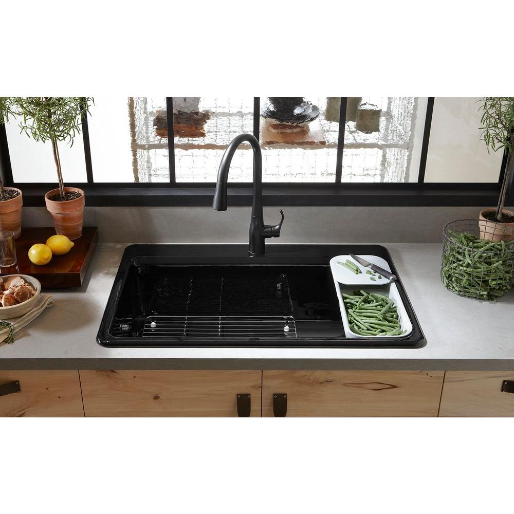 Riverby Workstation Drop-In Cast Iron 33 in. 1-Hole Single Basin Kitchen Sink Kit with Accessories in White - Super Arbor