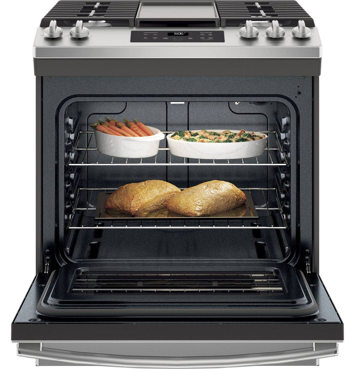 GE 5.3 cu. ft. Slide-In Gas Range with Steam-Cleaning Oven in Stainless Steel